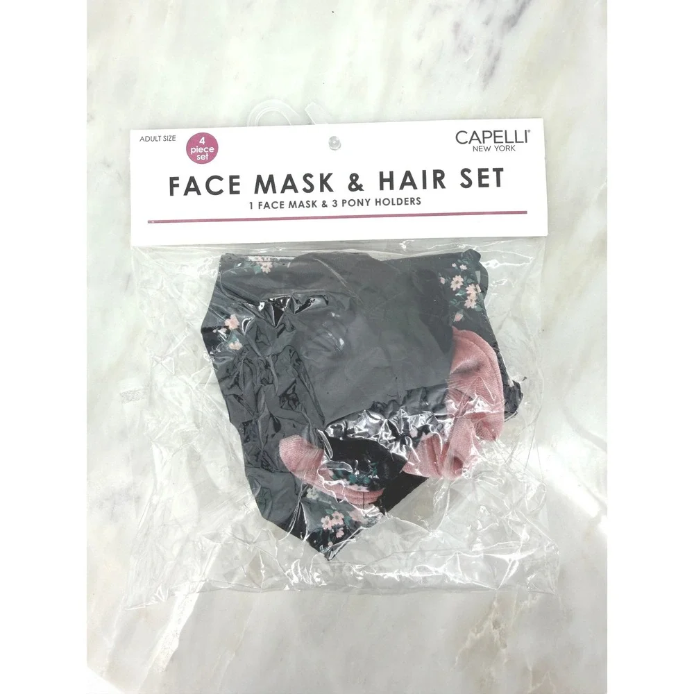 Capelli New York Floral Face Mask and 3 Hair Scrunchies Set PK110462 Black Pink